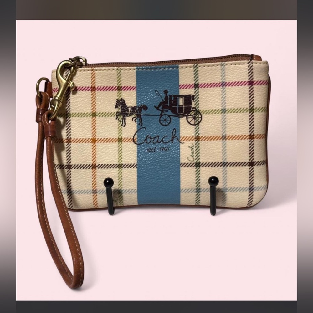 Coach Y2K Tattersall plaid Wristlet with Heritage Stripes Horse & Carriage EUC